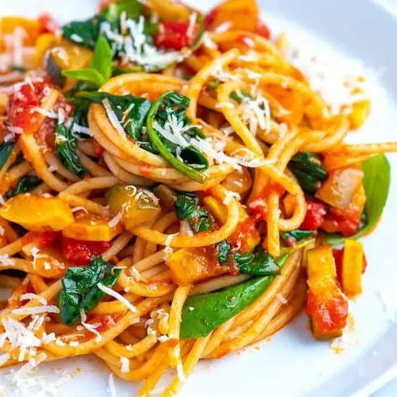 Veggie-Packed Spaghetti (using leftover pasta)
