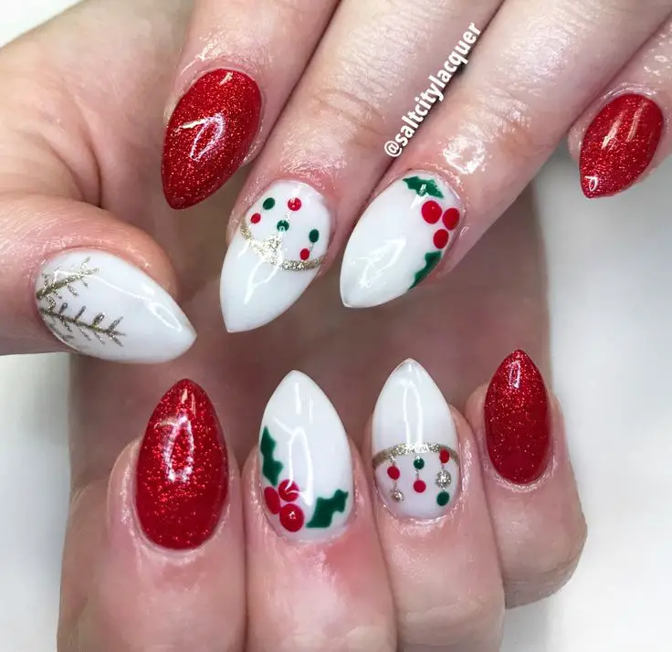 Holly Leaves and Berries nail design Holiday Inspired Nail Ideas for Christmas