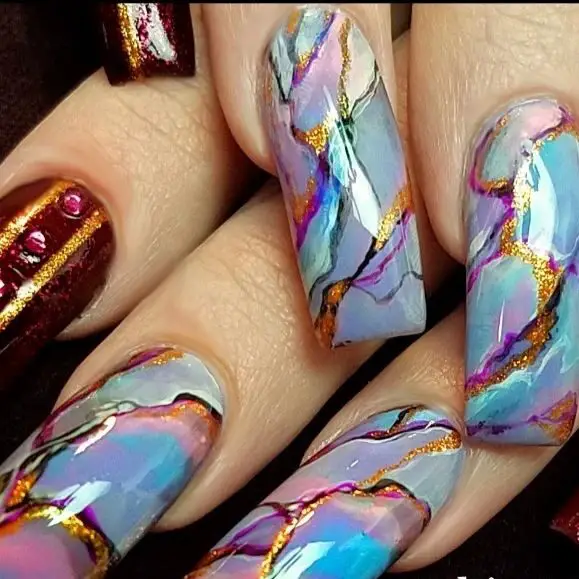 Rainbow Marble Spring Nail designs