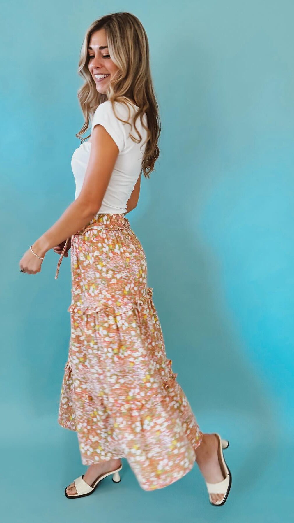 Simple White T-Shirt with Tiered Floral Midi Skirt