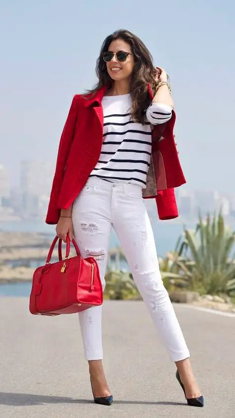 Bold Red Blazer with White Jeans