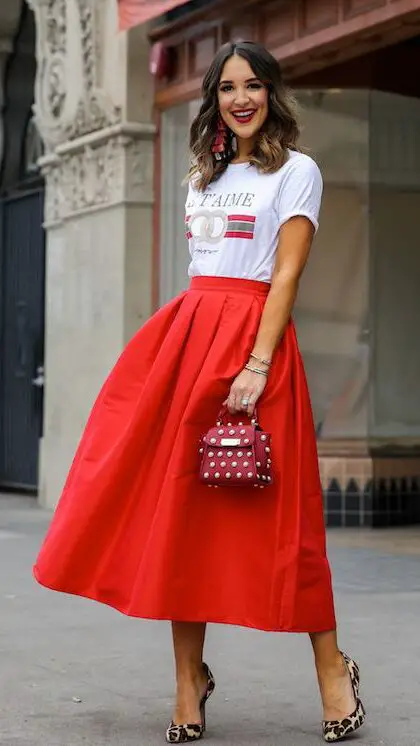 Red Midi Skirt and Graphic Tee