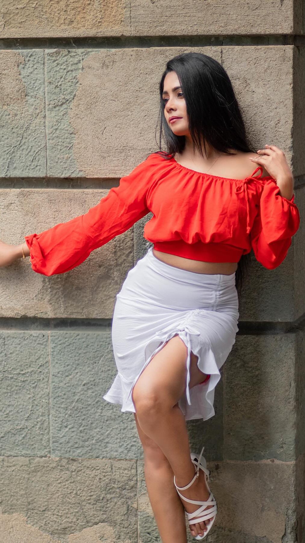 Red Off-Shoulder Top with White Skirt